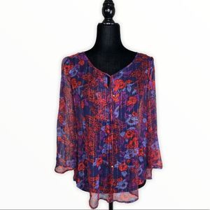 Ella Moss Silk Floral Purple Red Gold Metallic Stripe Sheer Tie Neck Blouse sz M